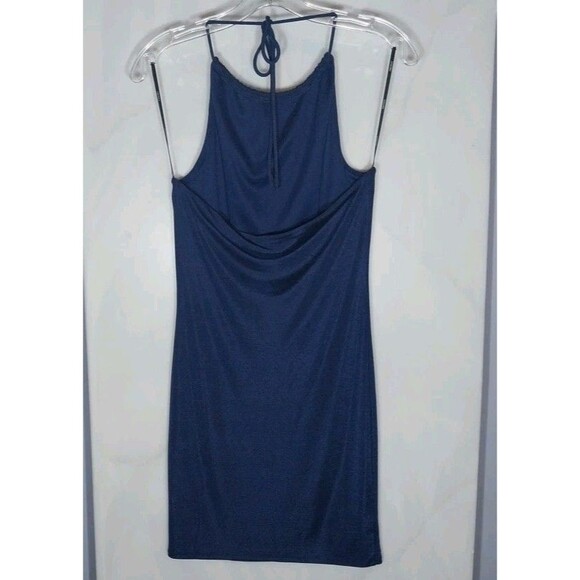Forever 21 Bodycon Dress M Cobalt Blue High Neck Open Back Shimmer Beachy Boho - Picture 4 of 8